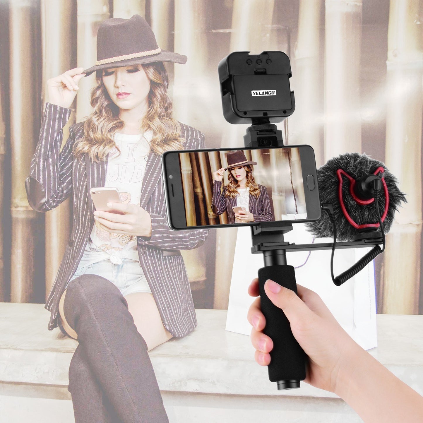 YELANGU Smartphone Hand Grip Stabilizer Handheld Vlogging Holder Mount 40mm-85mm Width with Microphone and Mini LED Light