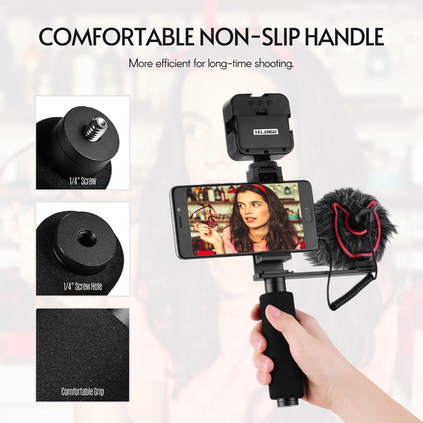 YELANGU Smartphone Hand Grip Stabilizer Handheld Vlogging Holder Mount 40mm-85mm Width with Microphone and Mini LED Light