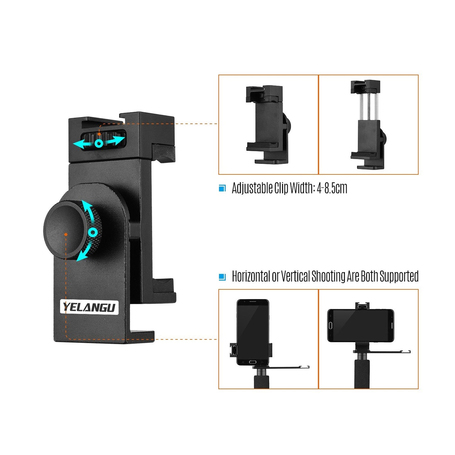 YELANGU Smartphone Hand Grip Stabilizer Handheld Vlogging Holder Mount 40mm-85mm Width with Microphone and Mini LED Light