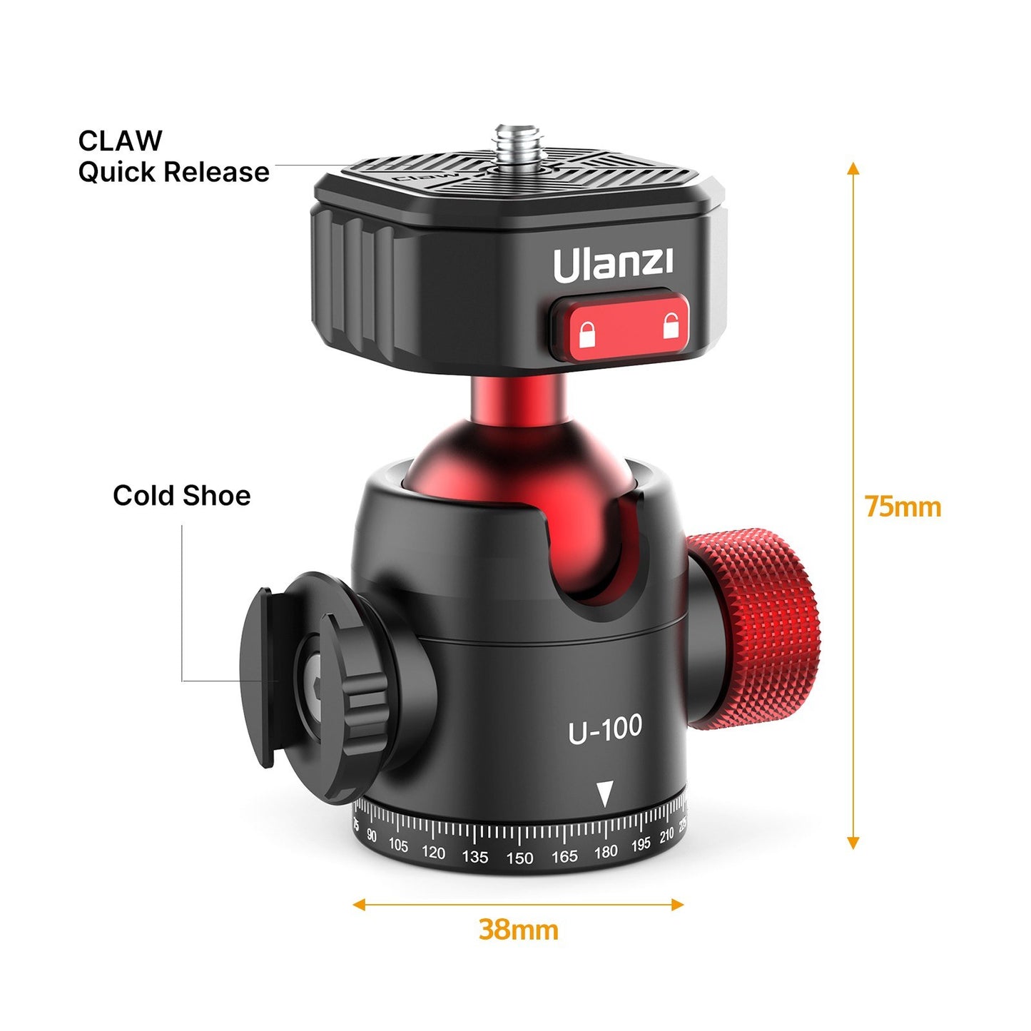 Uniqkart U100 Tripod Head Quick Release Plate Metal 360-degree Panoramic Ball Head with Cold Shoe Mount, 20KG Loading Capacity