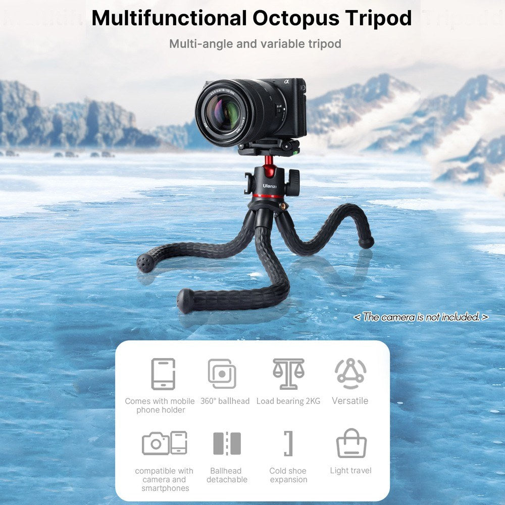 Uniqkart MT-33 Flexible Octopus Camera Tripod Stand with Cold Shoe Mount 360-degree Rotatable Panoramic Ball Head