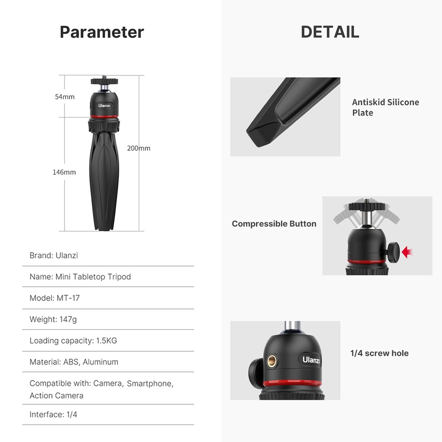 Uniqkart MT-17 Camera Tripod Stand Holder Desktop Tabletop Stand with 1/4 Inch Screw for DSLR Action Camera Mobile Phone