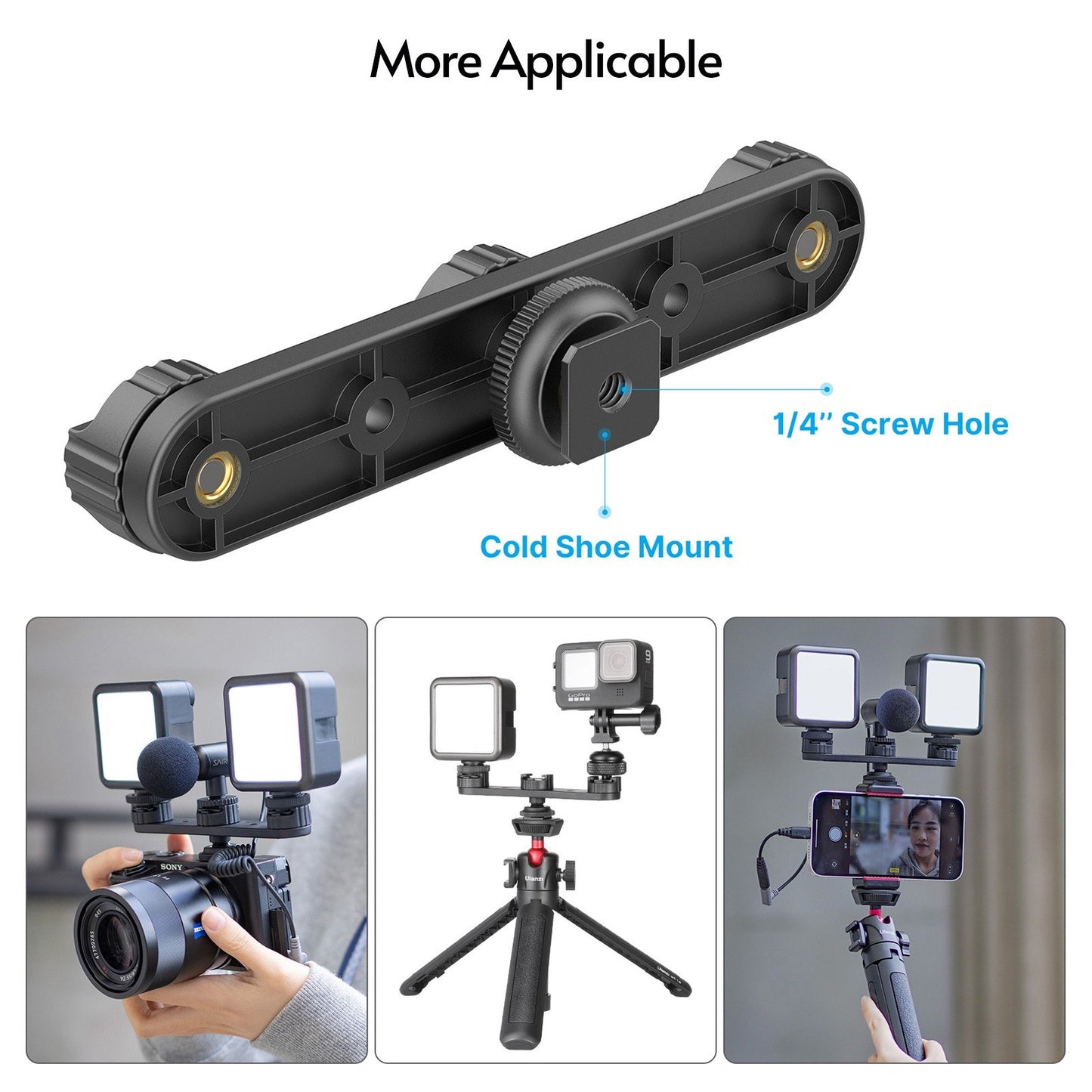 Uniqkart PT-23 Cold Shoe Bracket Extension Bar with 3 Cold Shoe Mounts 180 Degree Rotatable Vlog Accessories Kits