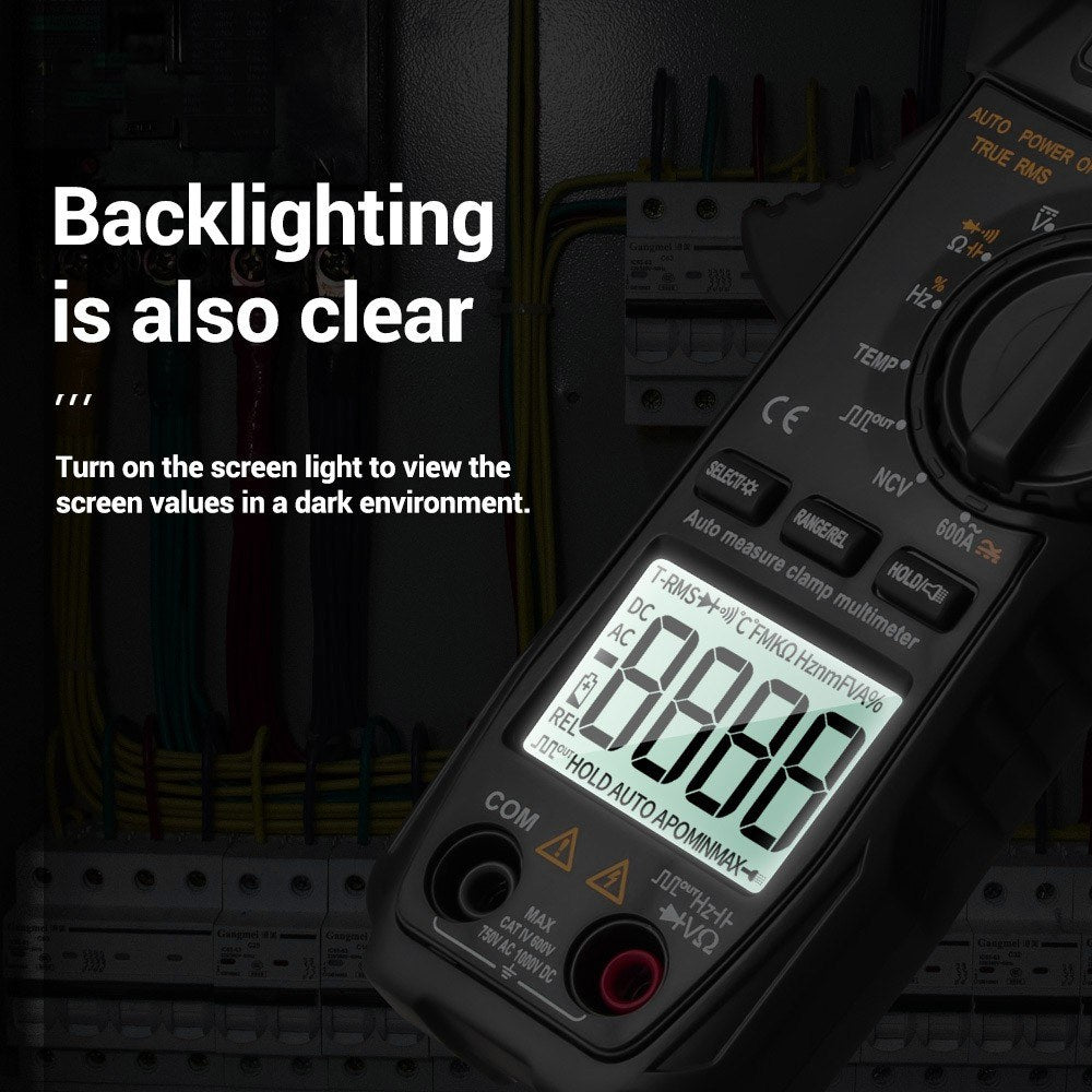 Aneng ST209 Digital Multimeter 6000 Counts True RMS Amp DC/AC Current Auto-Ranging Clamp Tester LCD Display Meters Voltmeter - Black