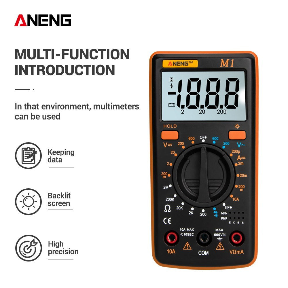 Aneng M1 Handheld Digital LCR Meter AC/DC Voltage Current Tester ResistanceTests Live Wire Continuity Overload Protection - Orange