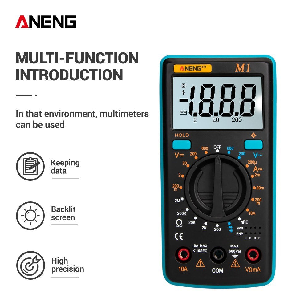 Aneng M1 Handheld Digital LCR Meter AC/DC Voltage Current Tester ResistanceTests Live Wire Continuity Overload Protection - Blue