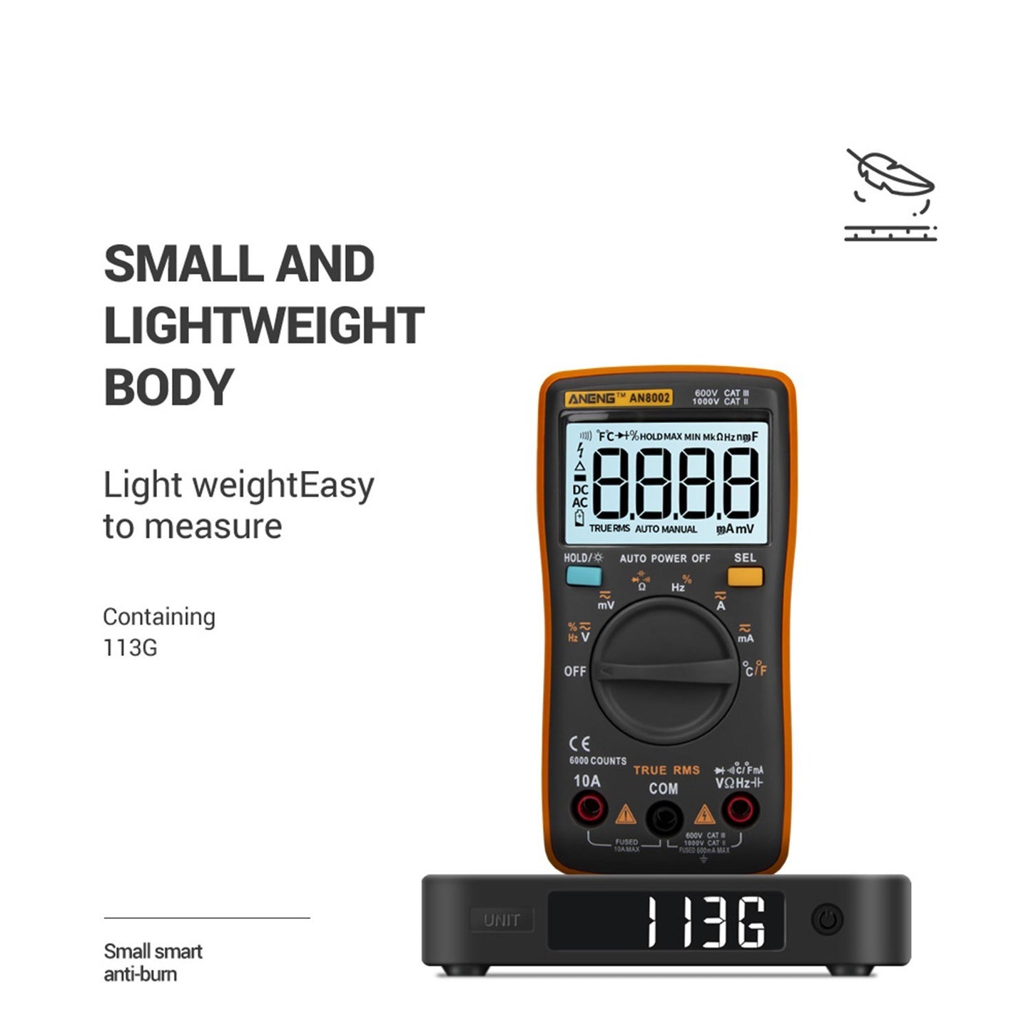 Aneng AN8002 Digital Multimeter RMS 6000 Counts Volt Meter Ohmmeter Auto-Ranging Tester AC/DC Voltage and Current, Temperature - Orange