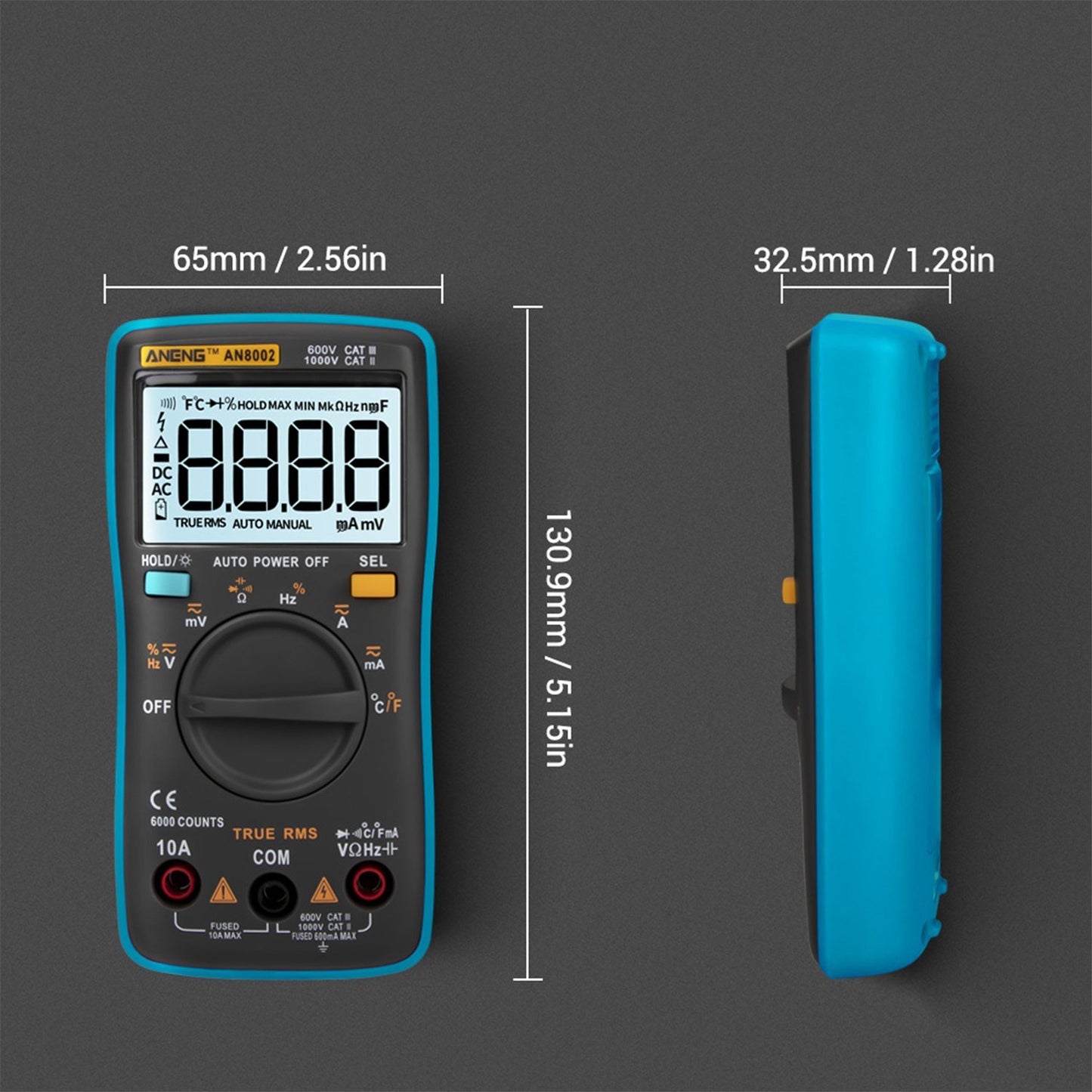 Aneng AN8002 Digital Multimeter RMS 6000 Counts Volt Meter Ohmmeter Auto-Ranging Tester AC/DC Voltage and Current, Temperature - Blue