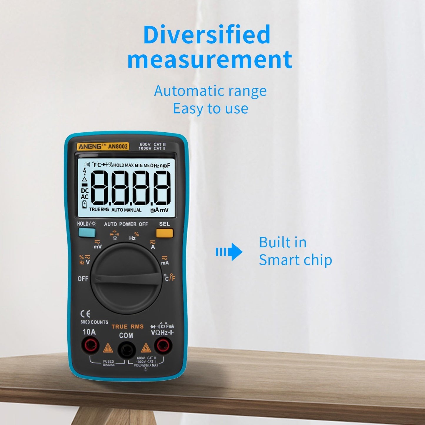 Aneng AN8002 Digital Multimeter RMS 6000 Counts Volt Meter Ohmmeter Auto-Ranging Tester AC/DC Voltage and Current, Temperature - Blue