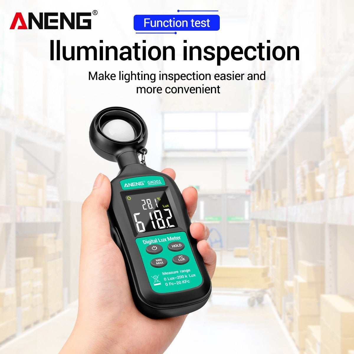 Aneng GN201 Mini Digital Lux Meter 0-20,0000 Digital Illuminance Light Meter LCD Display for Homes Agriculture Warehouses Farms