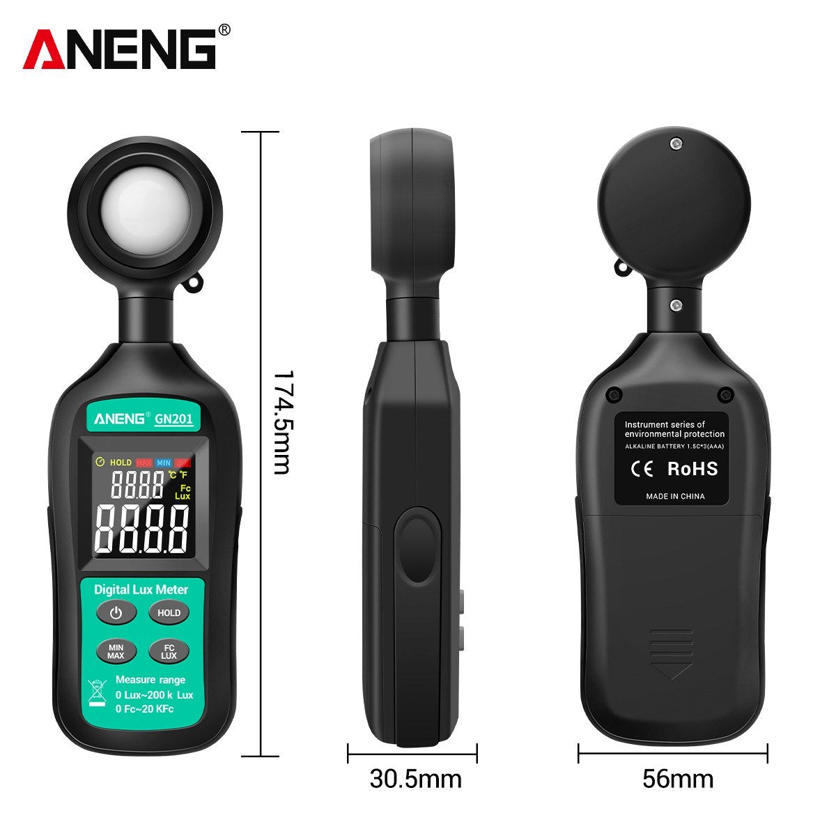 Aneng GN201 Mini Digital Lux Meter 0-20,0000 Digital Illuminance Light Meter LCD Display for Homes Agriculture Warehouses Farms
