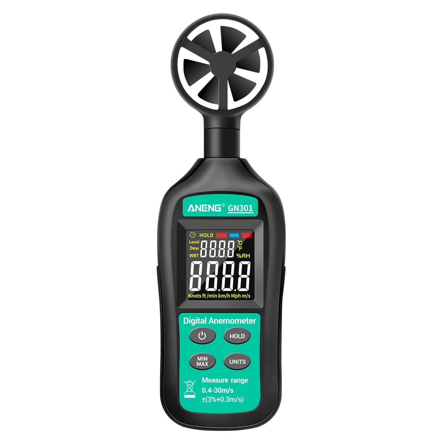 Aneng GN301 Digital Anemometer Handheld Wind Speed Meter Gauge with Thermometer Temperature Backlit
