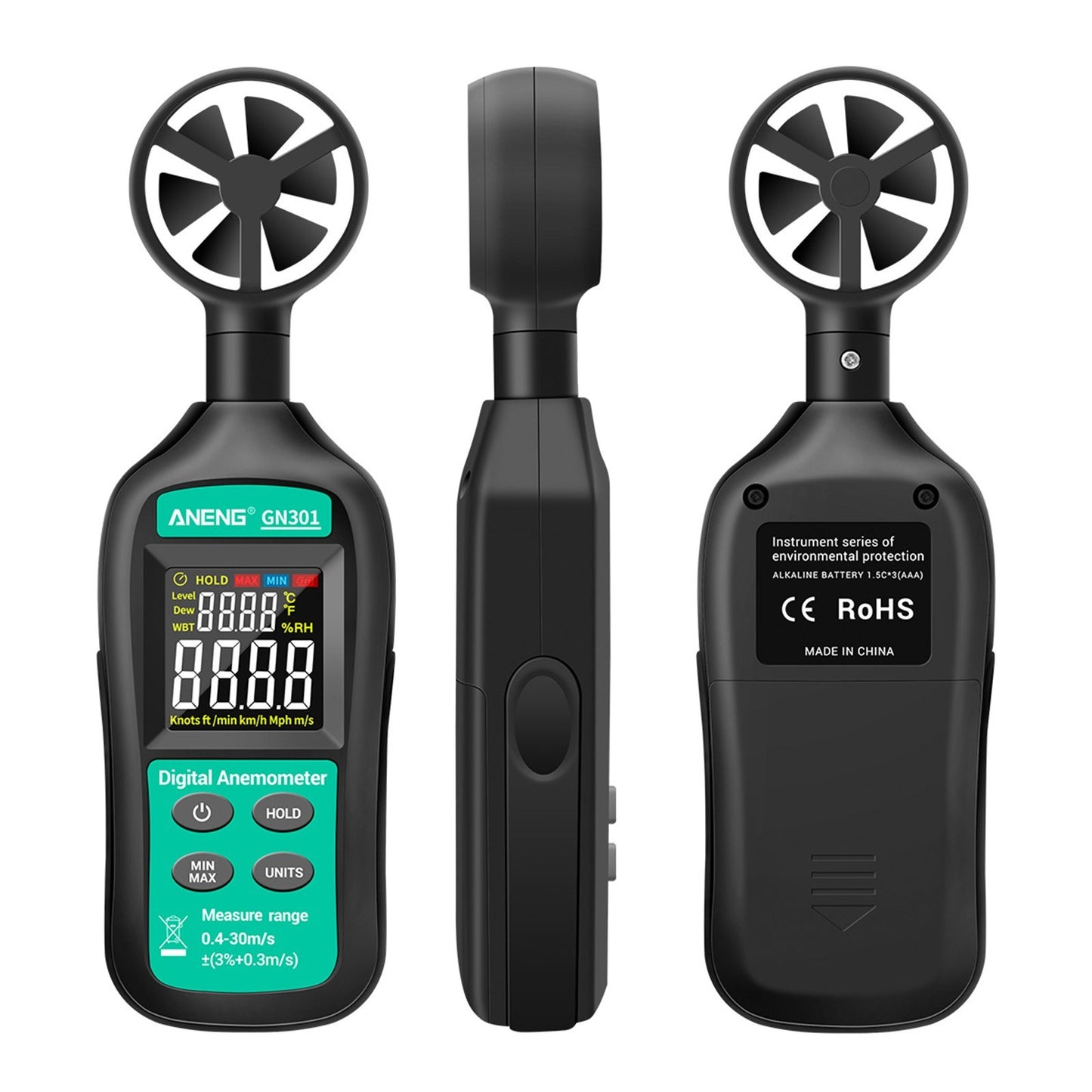 Aneng GN301 Digital Anemometer Handheld Wind Speed Meter Gauge with Thermometer Temperature Backlit