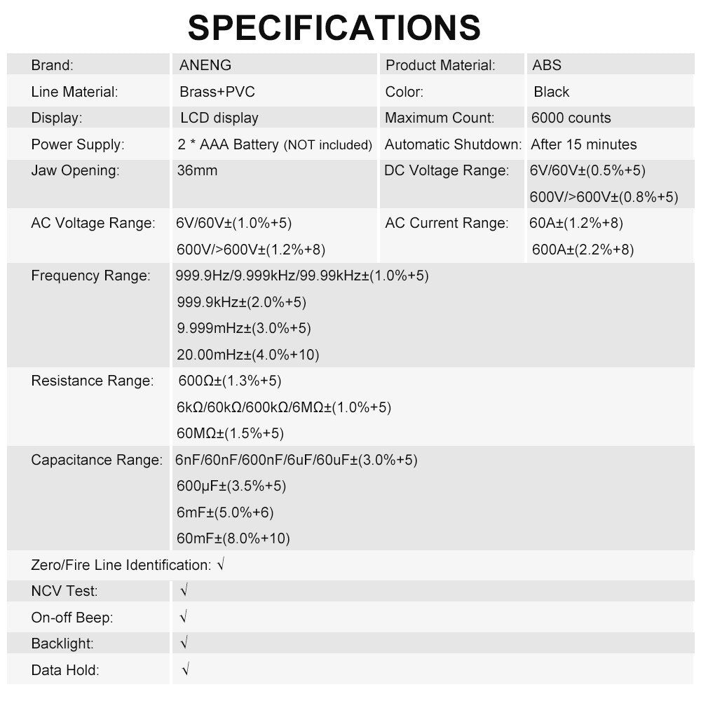 Aneng ST183 AC Current and AC/DC Voltage Tester 6000 Counts Digital Clamp Meter Auto-Ranging Multimeter Resistance Capacitance Diode Test NCV