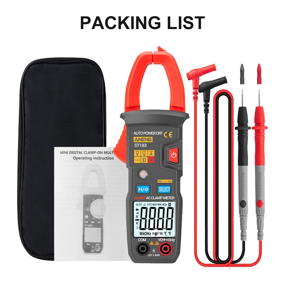 Aneng ST183 AC Current and AC/DC Voltage Tester 6000 Counts Digital Clamp Meter Auto-Ranging Multimeter Resistance Capacitance Diode Test NCV