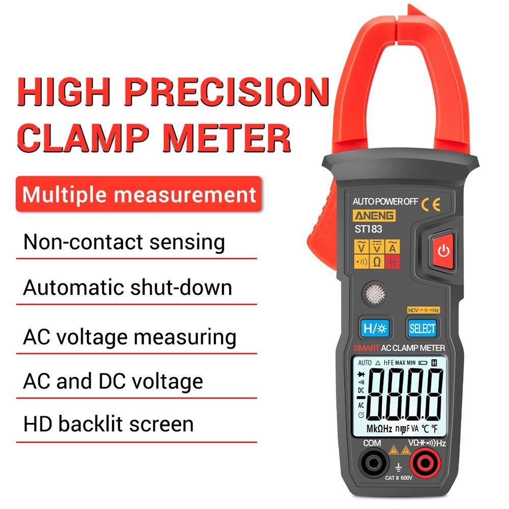 Aneng ST183 AC Current and AC/DC Voltage Tester 6000 Counts Digital Clamp Meter Auto-Ranging Multimeter Resistance Capacitance Diode Test NCV
