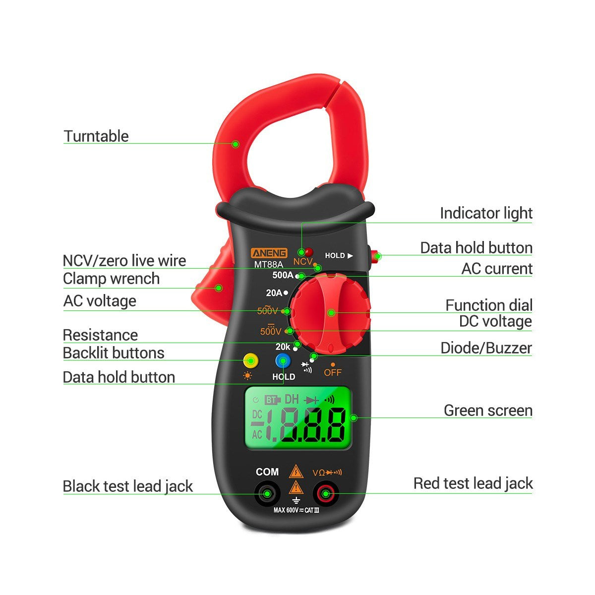 Aneng MT88A Digital Clamp Meter 1999 Counts Multimeter Voltage Tester Auto-ranging with AC/DC Voltage AC Current Resistance