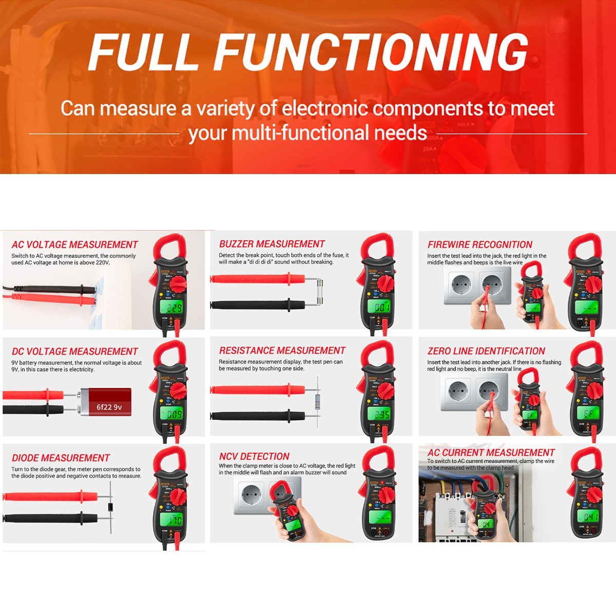 Aneng MT88A Digital Clamp Meter 1999 Counts Multimeter Voltage Tester Auto-ranging with AC/DC Voltage AC Current Resistance