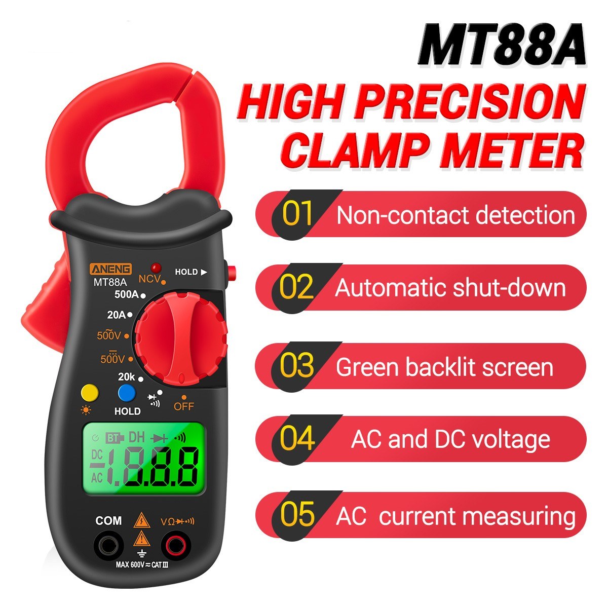 Aneng MT88A Digital Clamp Meter 1999 Counts Multimeter Voltage Tester Auto-ranging with AC/DC Voltage AC Current Resistance