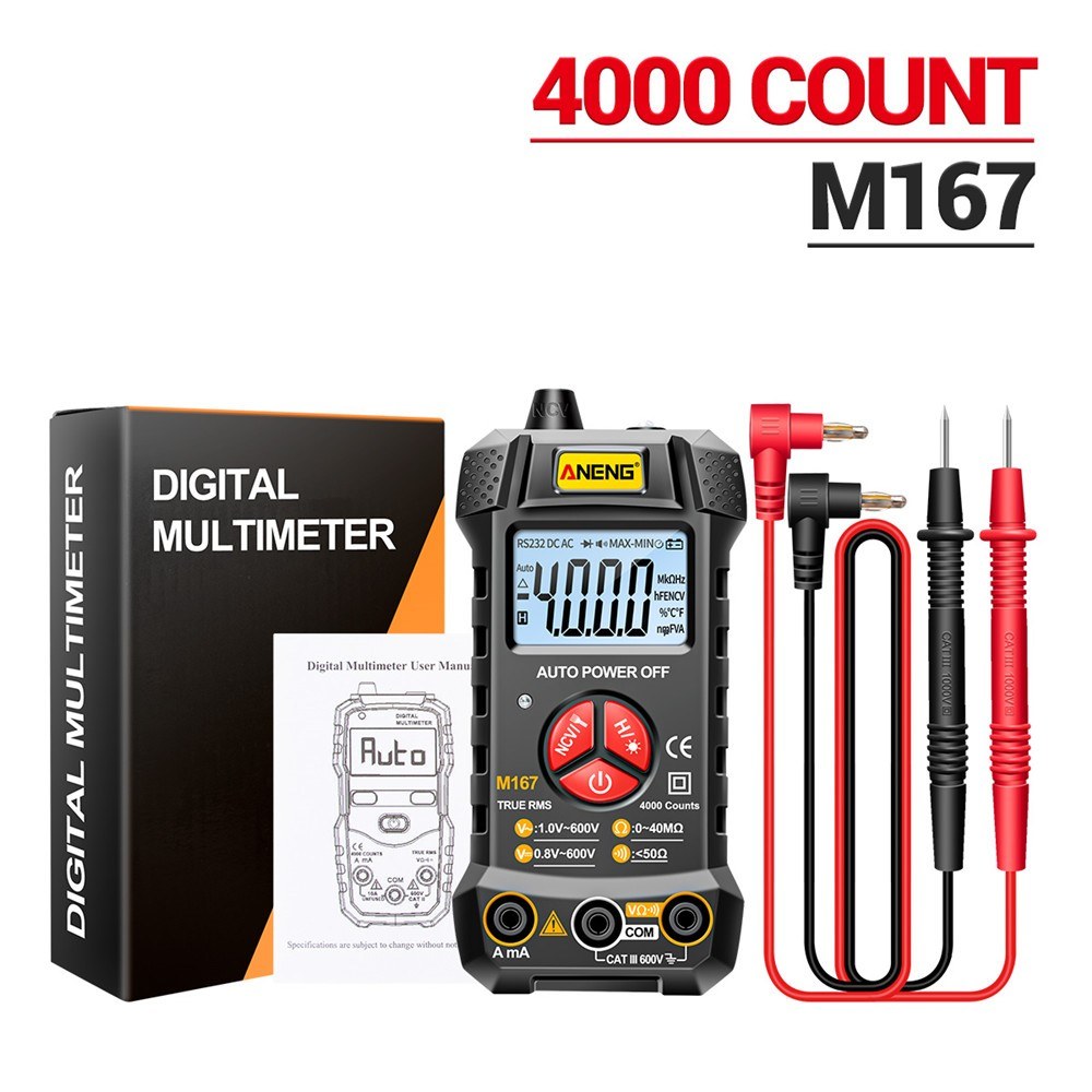 Aneng M167 Digital Multimeter Smart Voltmeter 4000 Counts Volt Meter Ohmmeter Auto-Ranging Tester with Backlight LCD Screen Flashlight