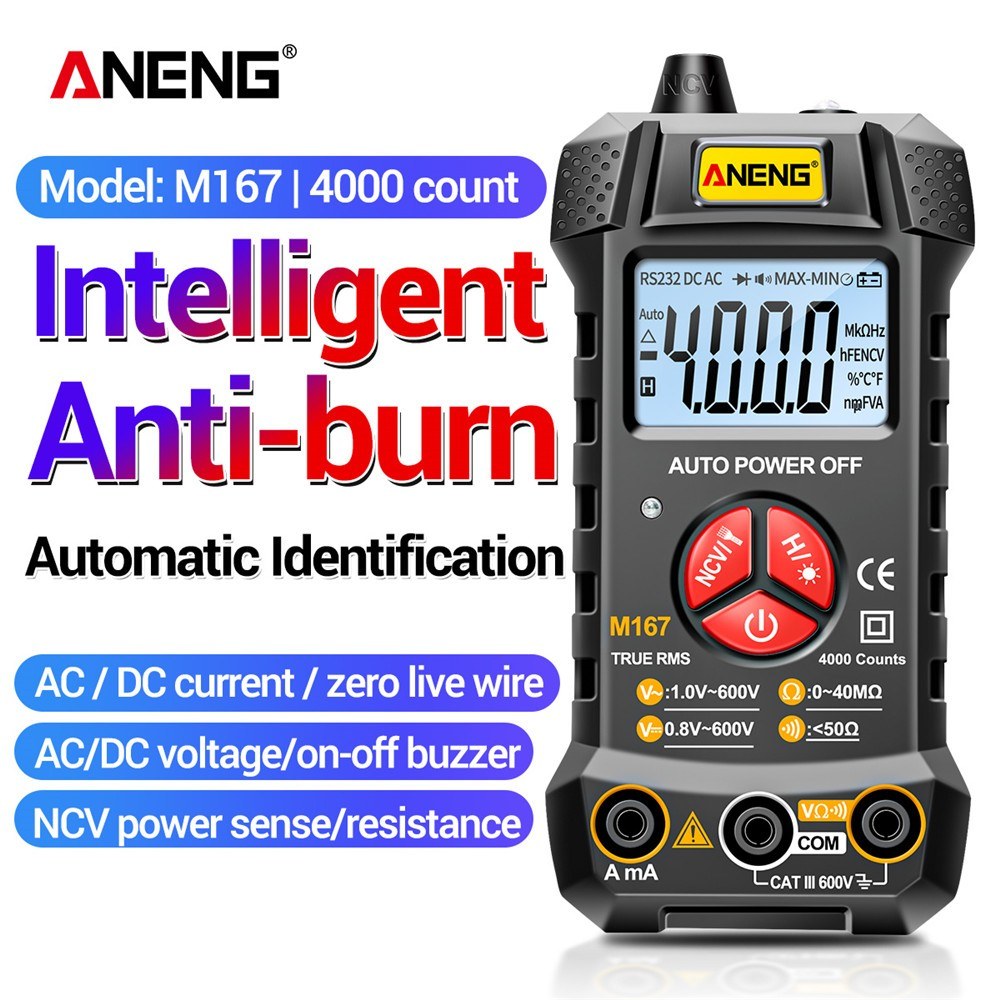 Aneng M167 Digital Multimeter Smart Voltmeter 4000 Counts Volt Meter Ohmmeter Auto-Ranging Tester with Backlight LCD Screen Flashlight