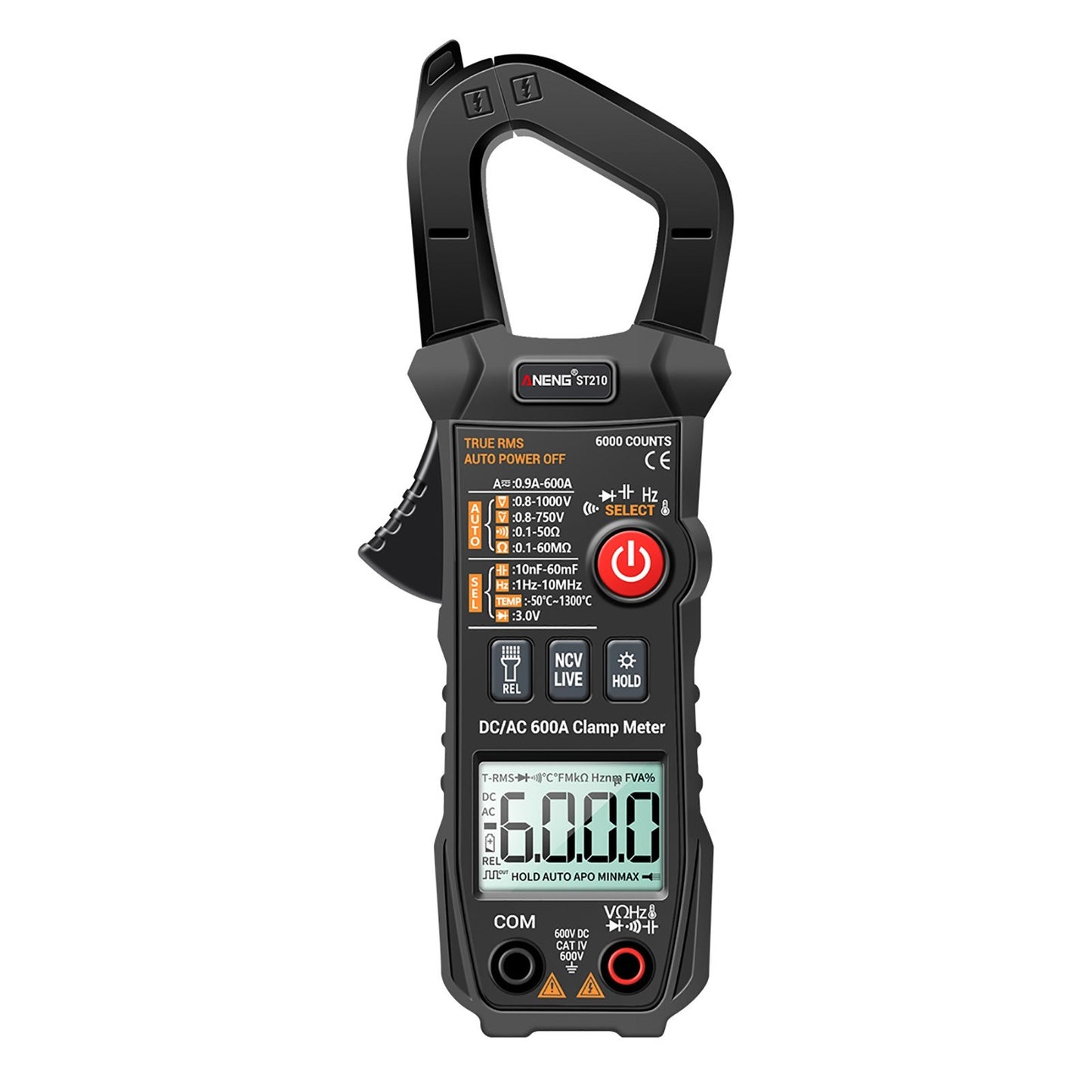 Aneng Digital Clamp Meter AC/DC Voltage Current Tester Auto-Ranging Temperature Capacitance Resistance Diodes Continuity Test - Black