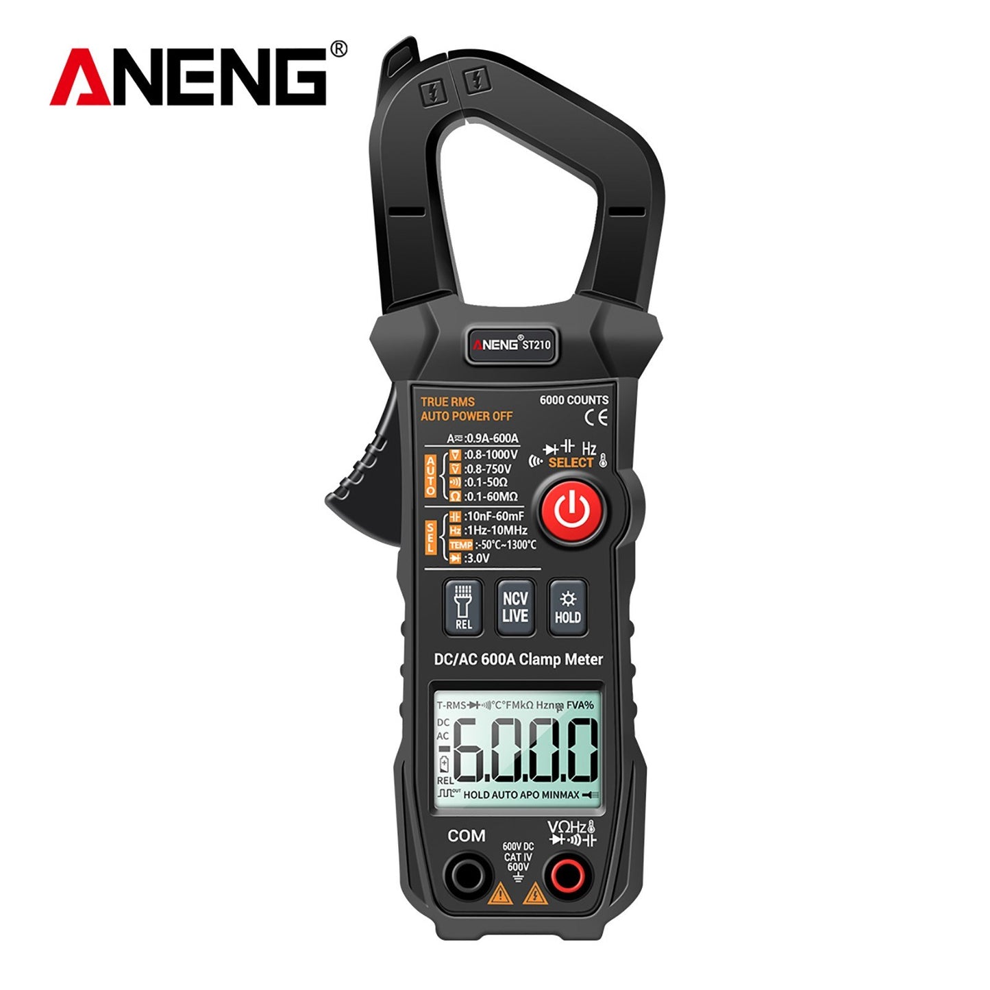 Aneng Digital Clamp Meter AC/DC Voltage Current Tester Auto-Ranging Temperature Capacitance Resistance Diodes Continuity Test - Black