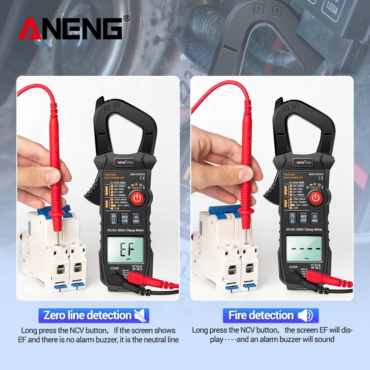 Aneng Digital Clamp Meter AC/DC Voltage Current Tester Auto-Ranging Temperature Capacitance Resistance Diodes Continuity Test - Black