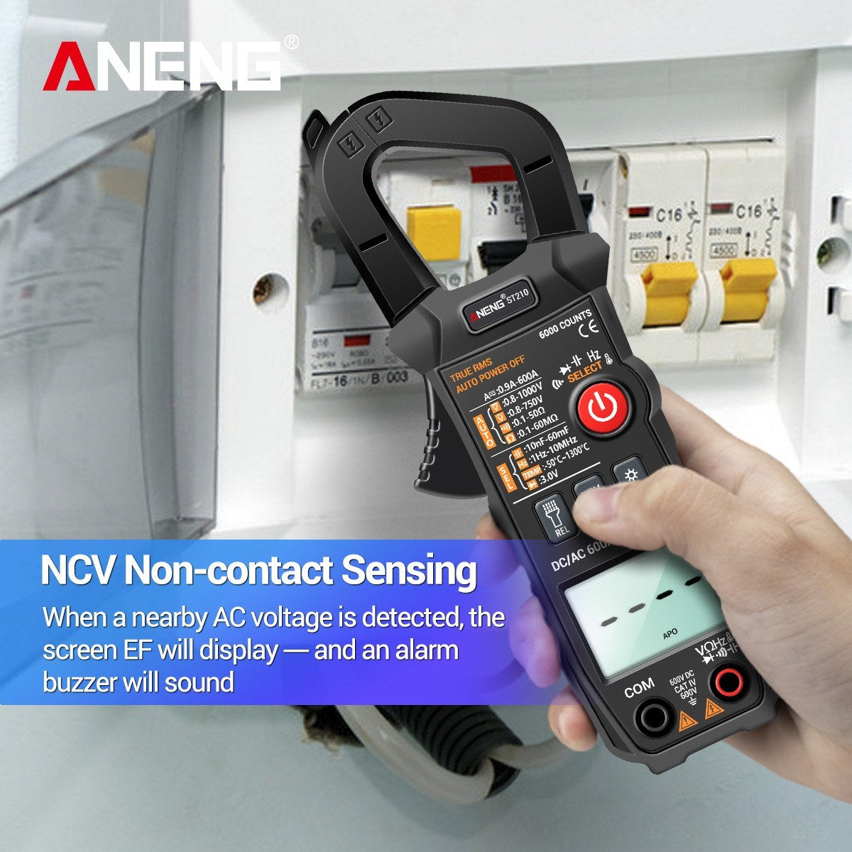 Aneng Digital Clamp Meter AC/DC Voltage Current Tester Auto-Ranging Temperature Capacitance Resistance Diodes Continuity Test - Black