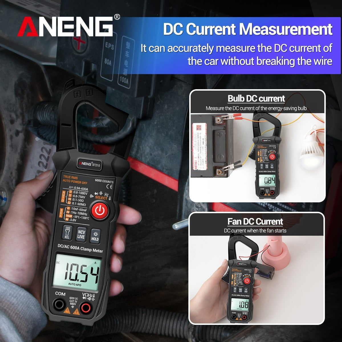 Aneng Digital Clamp Meter AC/DC Voltage Current Tester Auto-Ranging Temperature Capacitance Resistance Diodes Continuity Test - Black