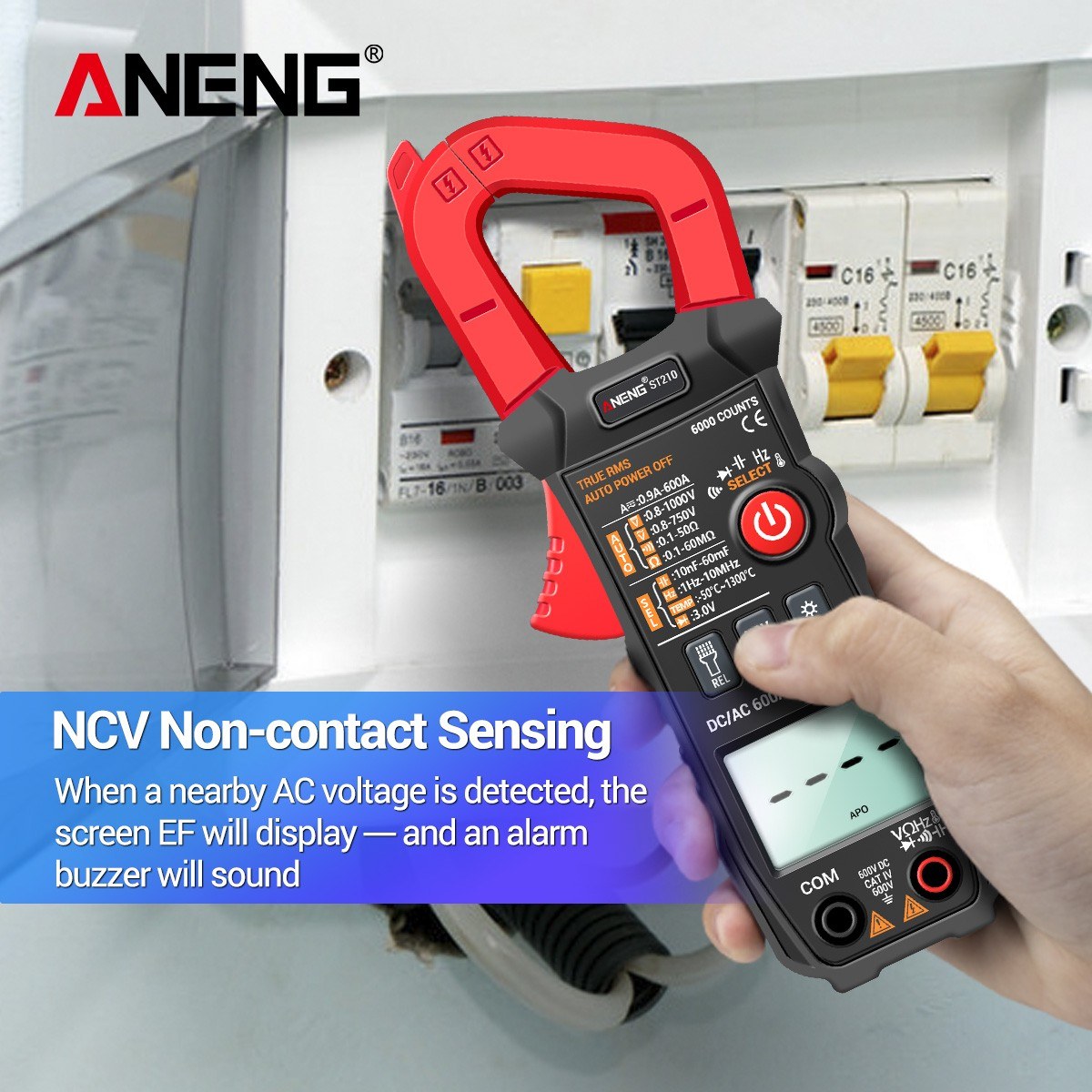 Aneng Digital Clamp Meter AC/DC Voltage Current Tester Auto-Ranging Temperature Capacitance Resistance Diodes Continuity Test - Red