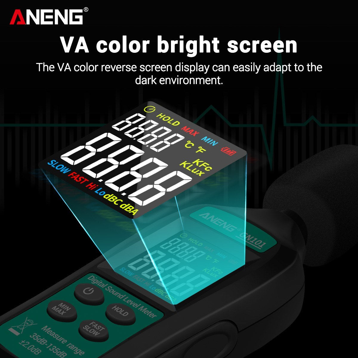 Aneng GN101 LCD Digital Decibel Meter Reader and Sound Noise Meter Tester 35db-135db Measuring Range with Condenser Microphone