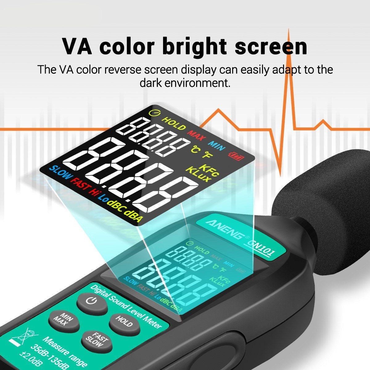 Aneng GN101 LCD Digital Decibel Meter Reader and Sound Noise Meter Tester 35db-135db Measuring Range with Condenser Microphone