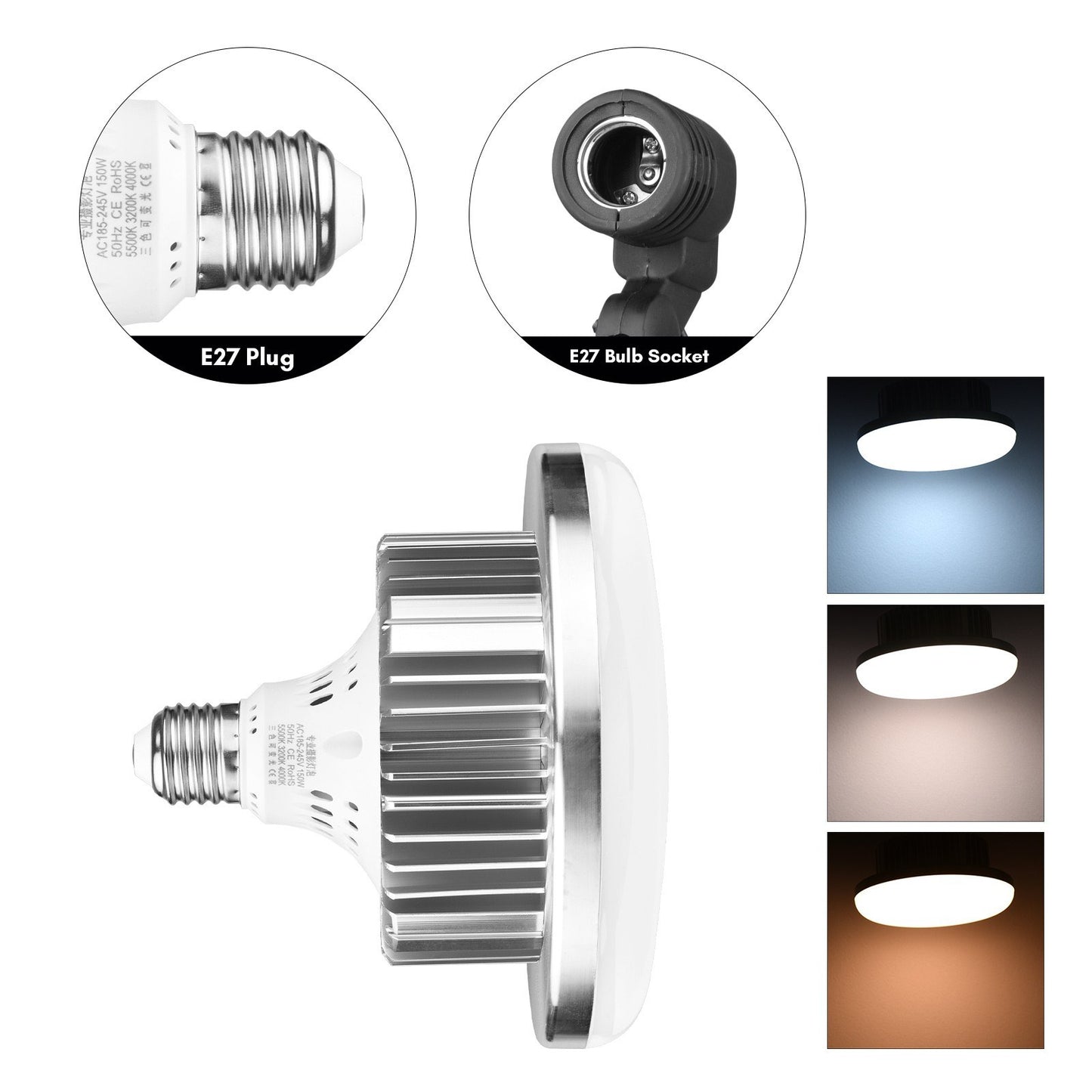 Tabletop Photography LED Lighting Kit with Durable 150W Light Bulb Dimmable 3200K-5500K + E27 Lamp Socket + Desktop Stand + Remote Control for Home Studio Photography - EU Plug