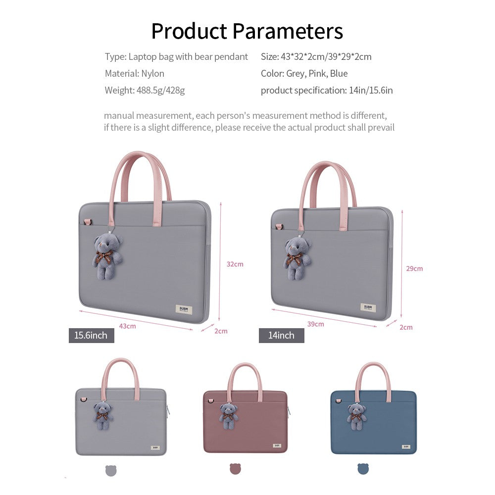 Bubm 14-inch Laptop Bag with Bear Pendant Scratch-resistant Durable Portable Notebook Carrying Bag - Grey