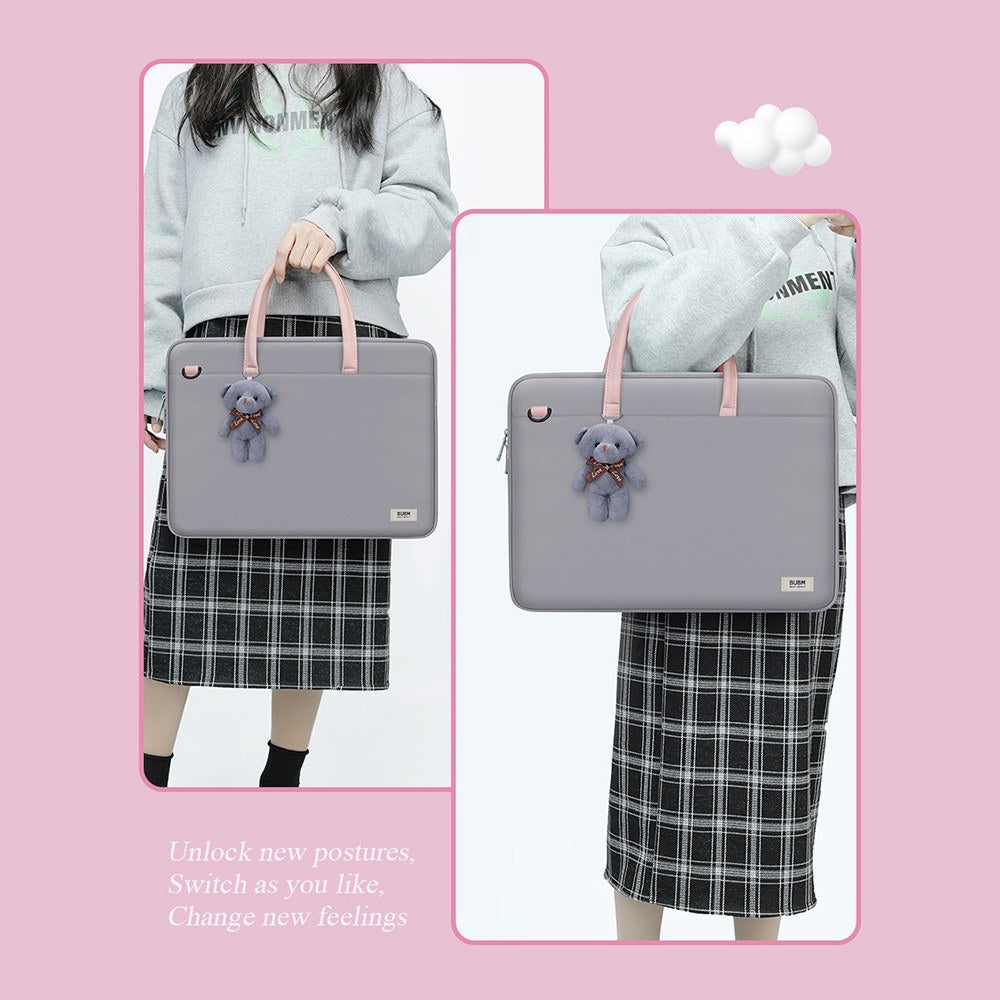 Bubm 14-inch Laptop Bag with Bear Pendant Scratch-resistant Durable Portable Notebook Carrying Bag - Grey