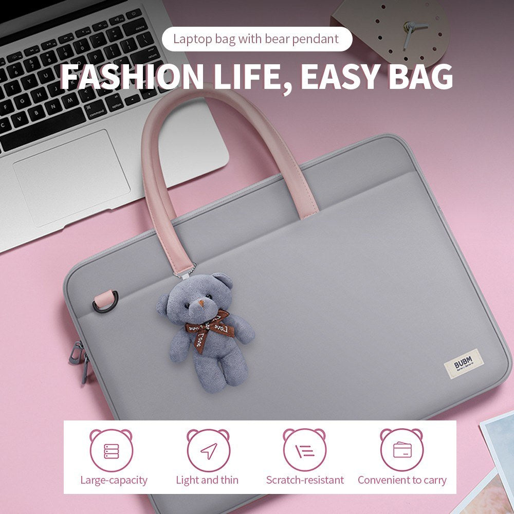 Bubm 14-inch Laptop Bag with Bear Pendant Scratch-resistant Durable Portable Notebook Carrying Bag - Grey