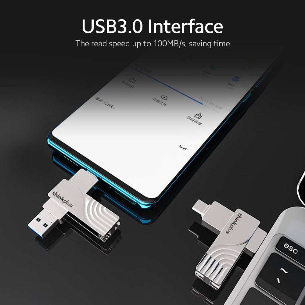 Lenovo Thinkplus USB C Flash Drive 256GB USB3.0 U Disk TPCU301 Dual-port Memory Stick for Tablet PC Laptop Computer - 256GB