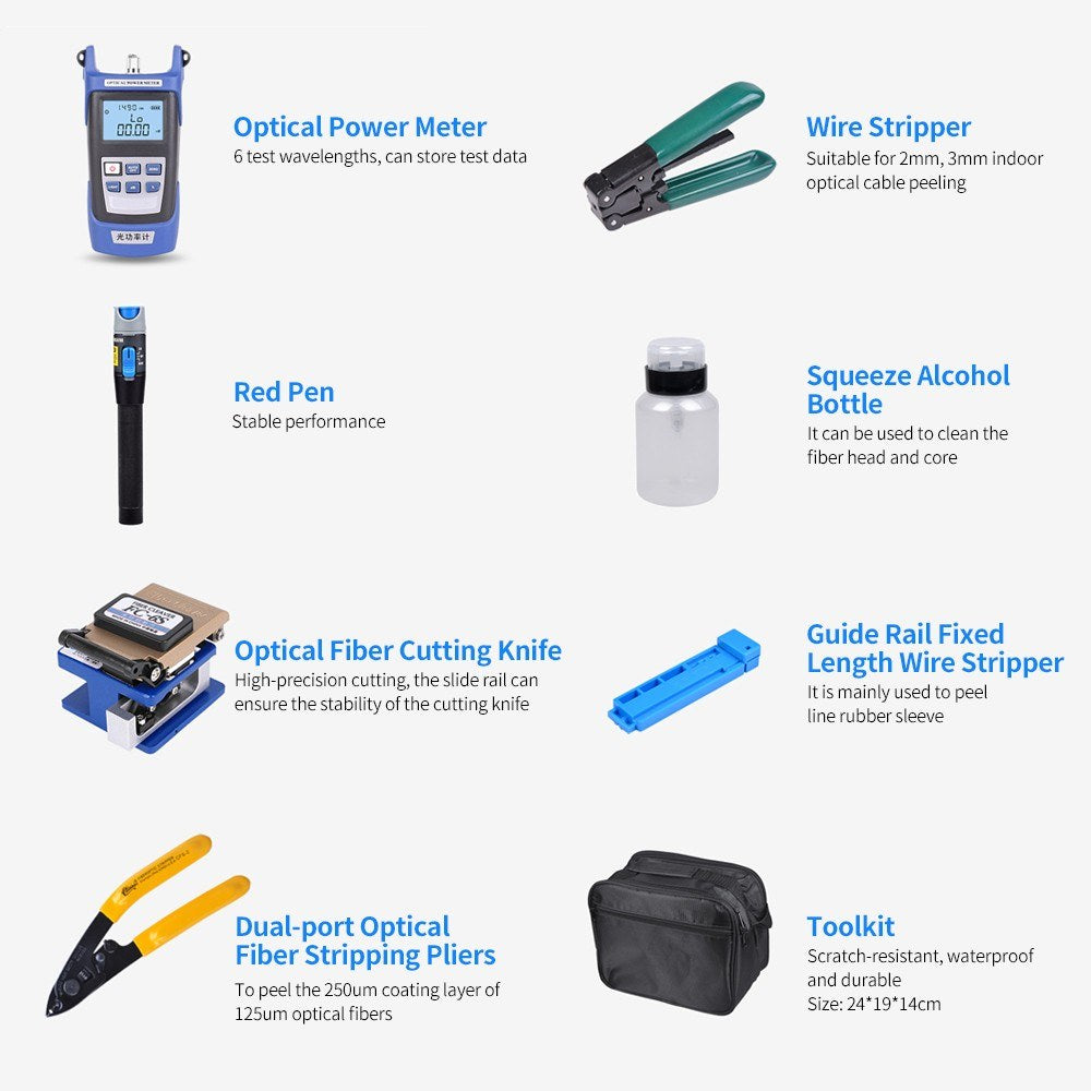 Optical Fiber Tool Kit Fiber Cleaver Set with Storage Bag Portable Cold Contact Cutting Tool Set with Optical Power Meter Red Pen Wire Stripping Plier