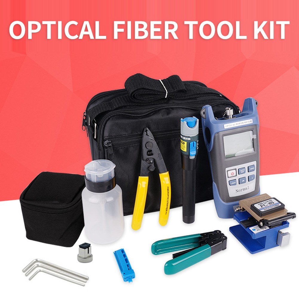 Optical Fiber Tool Kit Fiber Cleaver Set with Storage Bag Portable Cold Contact Cutting Tool Set with Optical Power Meter Red Pen Wire Stripping Plier