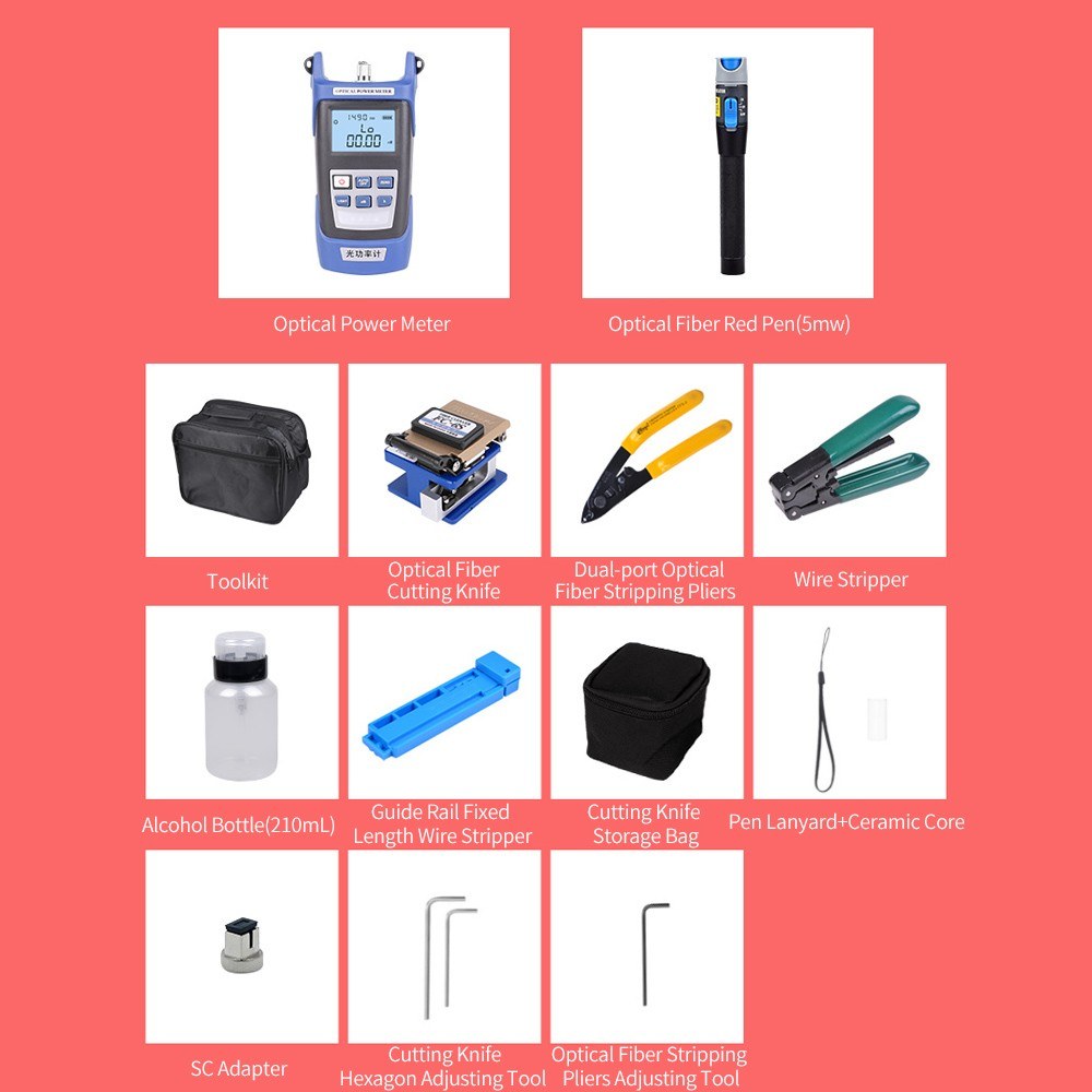 Optical Fiber Tool Kit Fiber Cleaver Set with Storage Bag Portable Cold Contact Cutting Tool Set with Optical Power Meter Red Pen Wire Stripping Plier