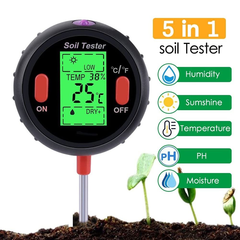 JHL9918 Soil PH Meter Digital Plant Temperature Soil Moisture Tester Intensity Backlit LCD Display Soil Test Meter for Gardening Farming