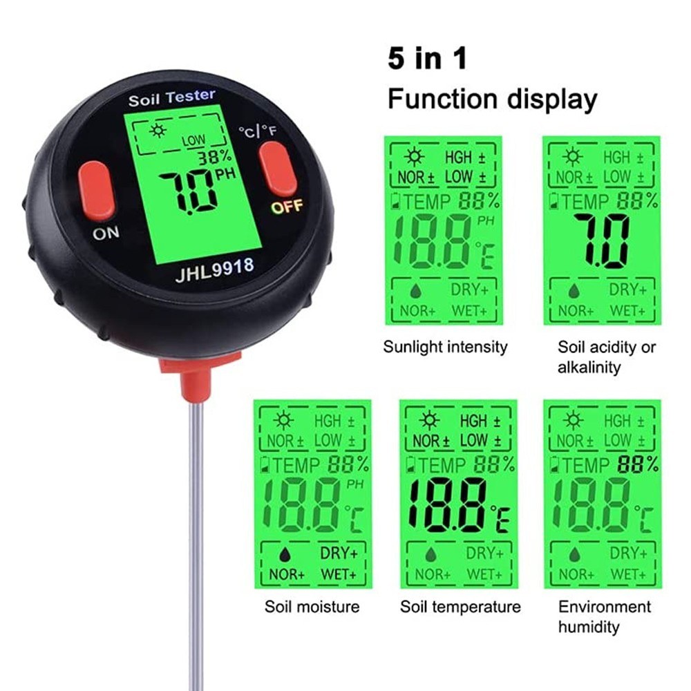 JHL9918 Soil PH Meter Digital Plant Temperature Soil Moisture Tester Intensity Backlit LCD Display Soil Test Meter for Gardening Farming
