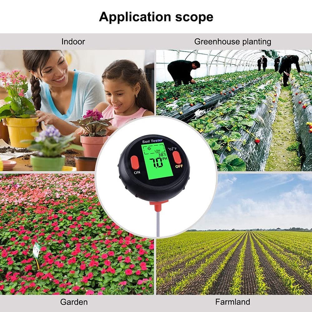 JHL9918 Soil PH Meter Digital Plant Temperature Soil Moisture Tester Intensity Backlit LCD Display Soil Test Meter for Gardening Farming