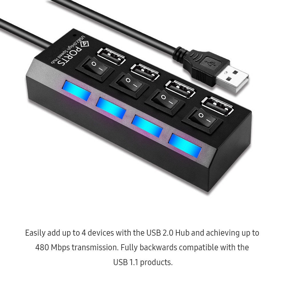 4-Port USB 2.0 Hub Data Hub Splitter and Expander Hub with Individual LED Lit Power Switches Compatible for MacBook/for Mac Pro/Windows/Linux/Notebook PC/USB Flash Drives - Black