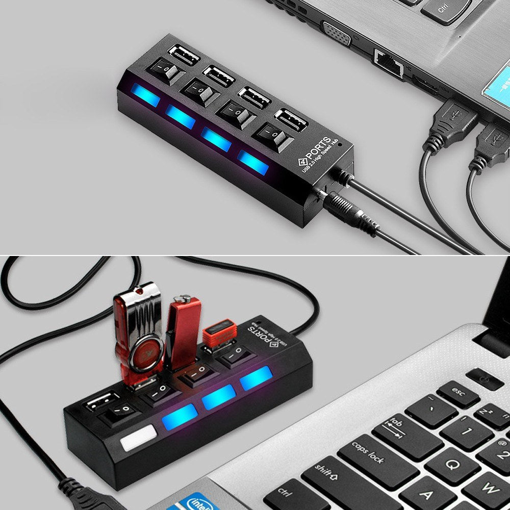 4-Port USB 2.0 Hub Data Hub Splitter and Expander Hub with Individual LED Lit Power Switches Compatible for MacBook/for Mac Pro/Windows/Linux/Notebook PC/USB Flash Drives - Black