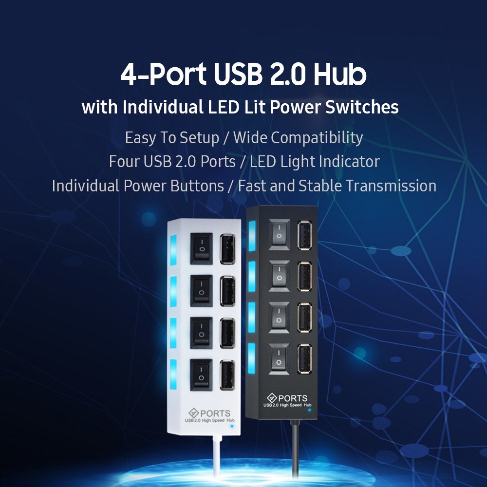4-Port USB 2.0 Hub Data Hub Splitter and Expander Hub with Individual LED Lit Power Switches Compatible for MacBook/for Mac Pro/Windows/Linux/Notebook PC/USB Flash Drives - Black