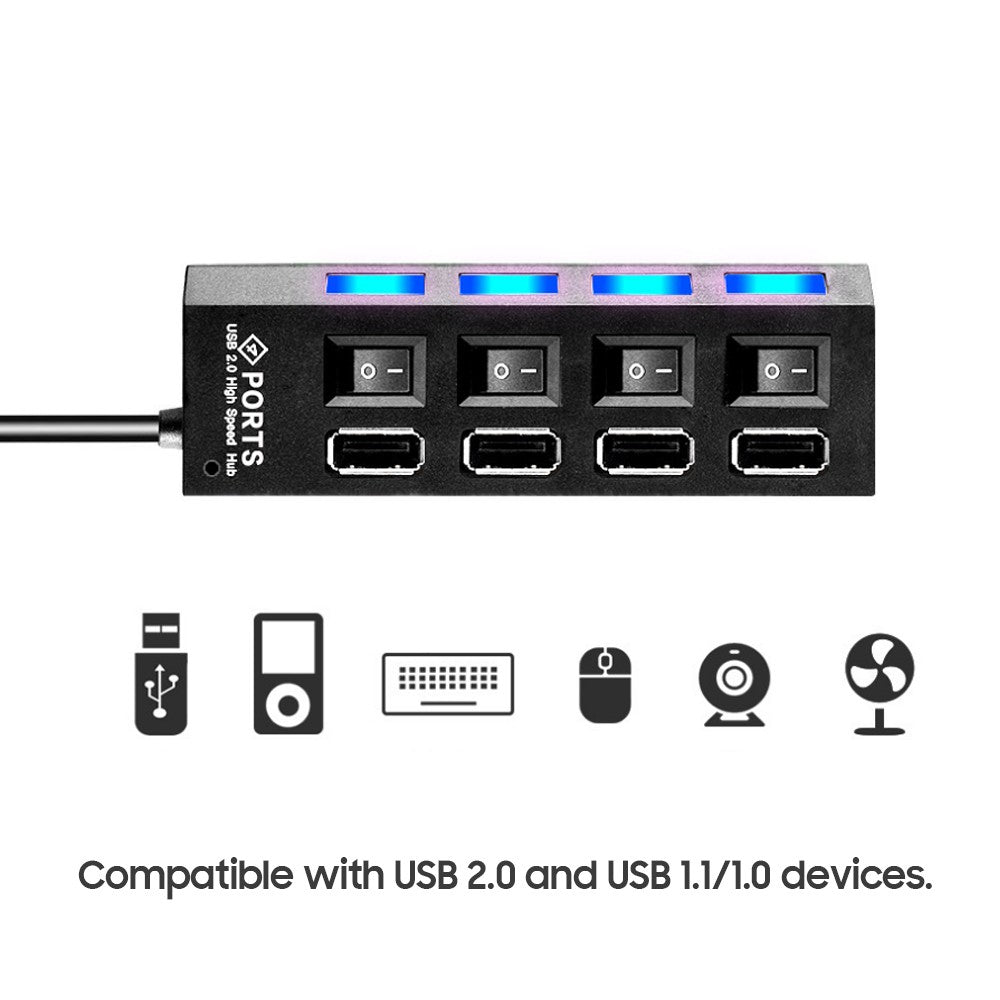 4-Port USB 2.0 Hub Data Hub Splitter and Expander Hub with Individual LED Lit Power Switches Compatible for MacBook/for Mac Pro/Windows/Linux/Notebook PC/USB Flash Drives - Black