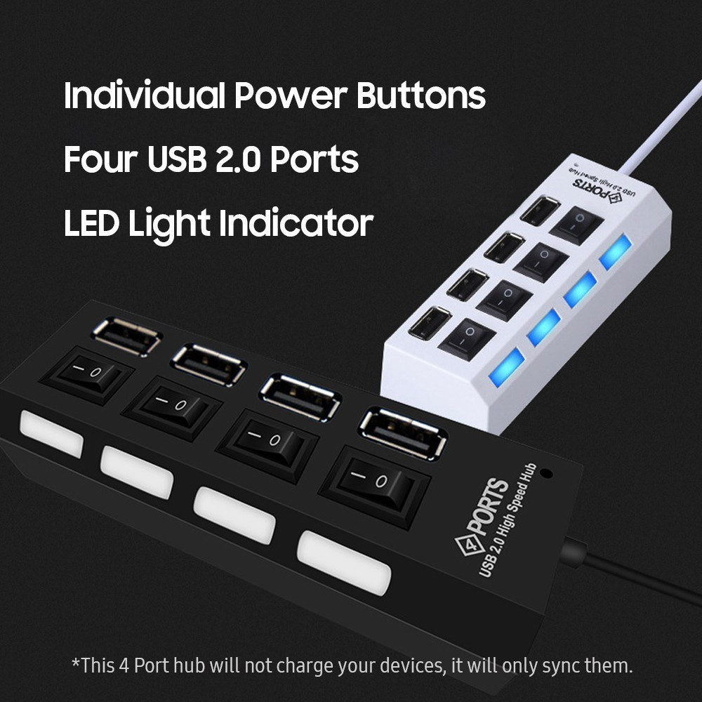 4-Port USB 2.0 Hub Data Hub Splitter and Expander Hub with Individual LED Lit Power Switches Compatible for MacBook/for Mac Pro/Windows/Linux/Notebook PC/USB Flash Drives - White