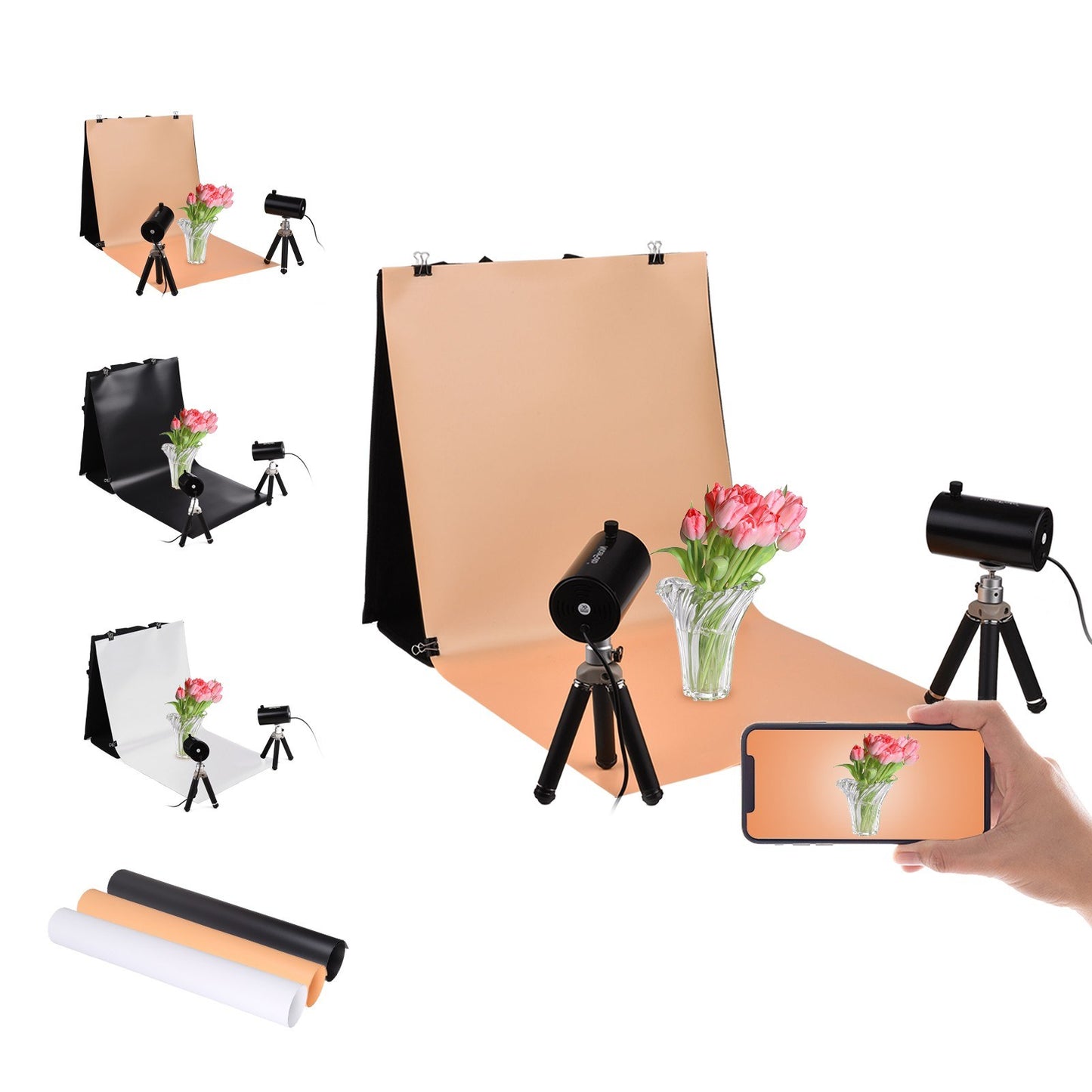 NICEFOTO 40x40cm/16x16in Portable Folding Desktop Photography Light Tent Kit with Folding Light Box + 2 Adjustable LED Lights + 2 Mini Tripods + 3 Backdrops + 4 Backdrop Clips Photographic Accessories